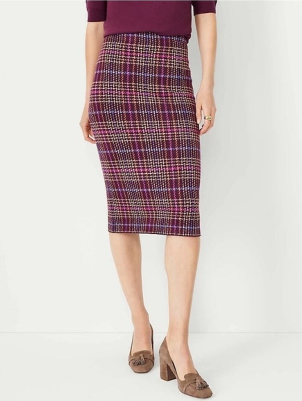 Ann Taylor Burgundy &Pink Plaid Sweater Skirt